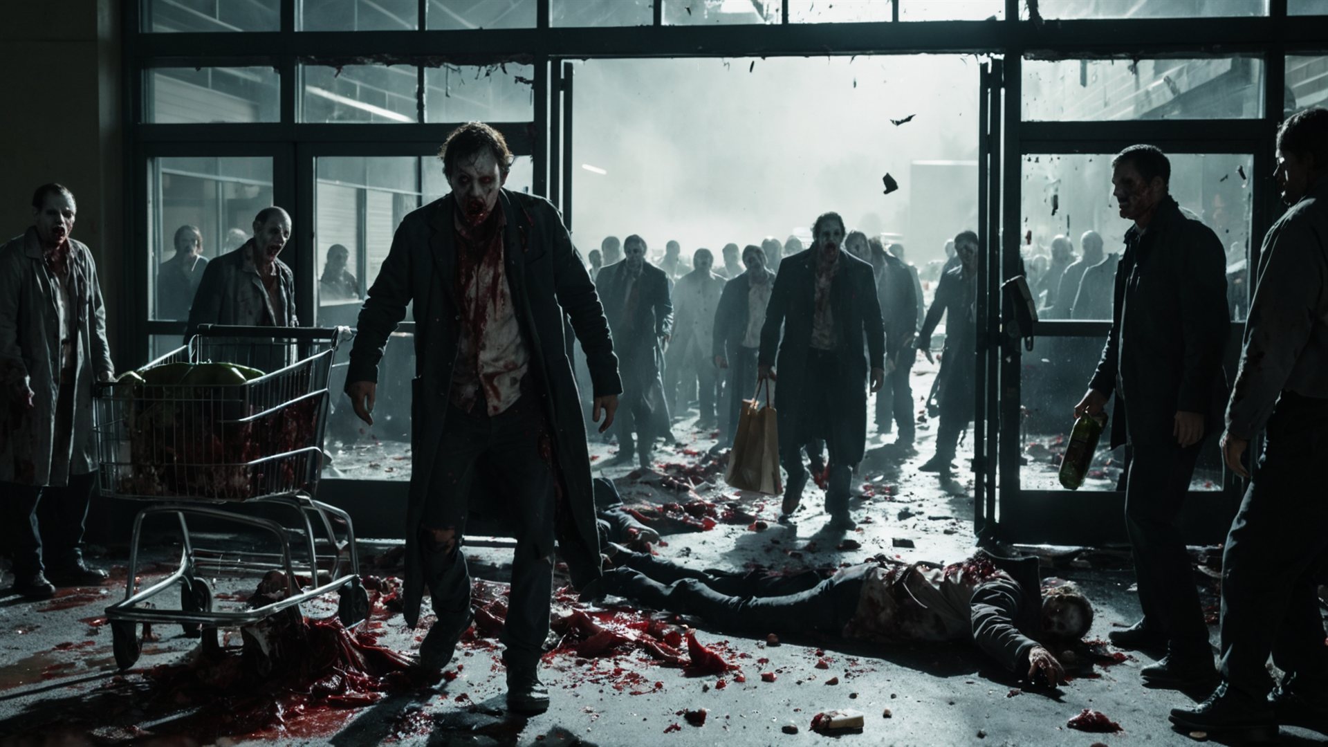 Zerstoerter Supermarkteingang, Zombies draengen im kalten Gegenlicht herein