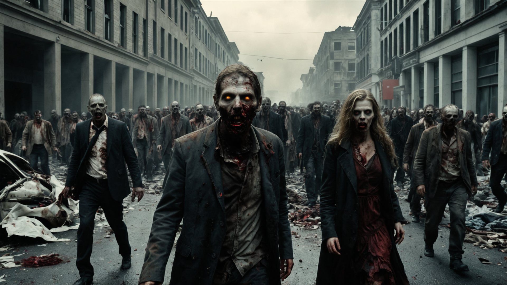 Zombiehorde zieht durch eine zerstoerte Stadtstrasse auf den Betrachter zu