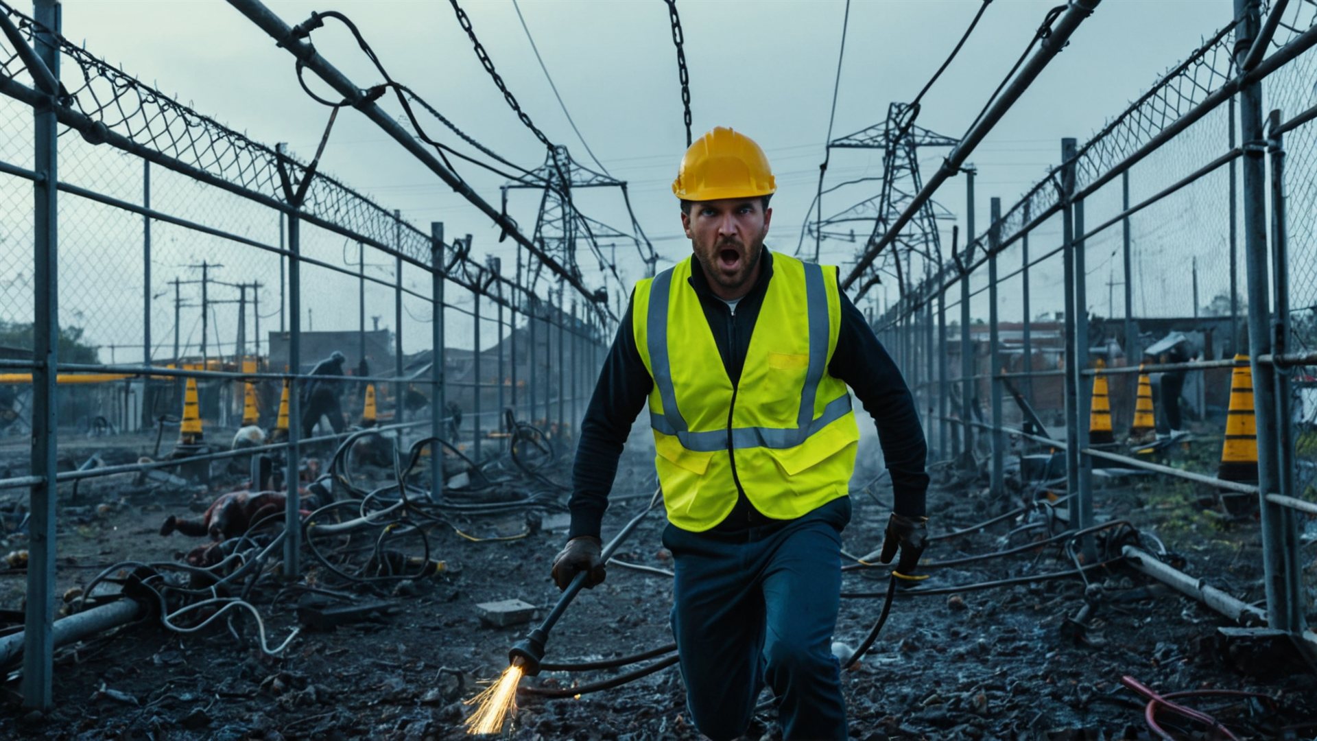 Elektriker in Warnweste zieht ein Kabel durch ein zerstoertes Umspannwerk, Funken schlagen aus dem Kabelende